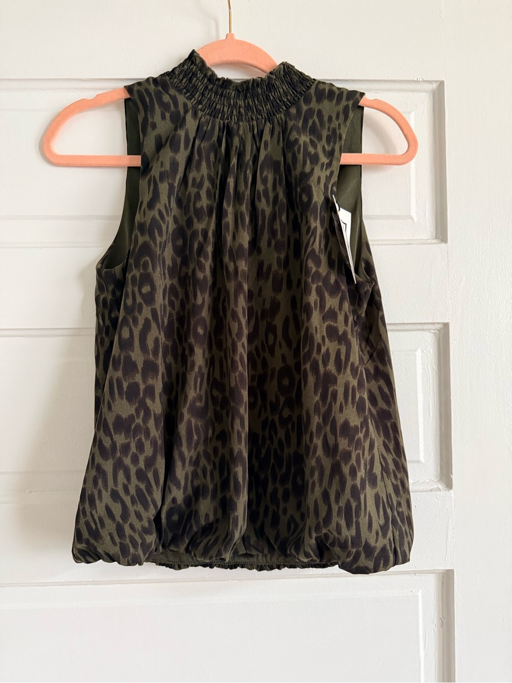 THML Olive Green and Black Leopard Print Sleeveless Smocked Neck Blouse